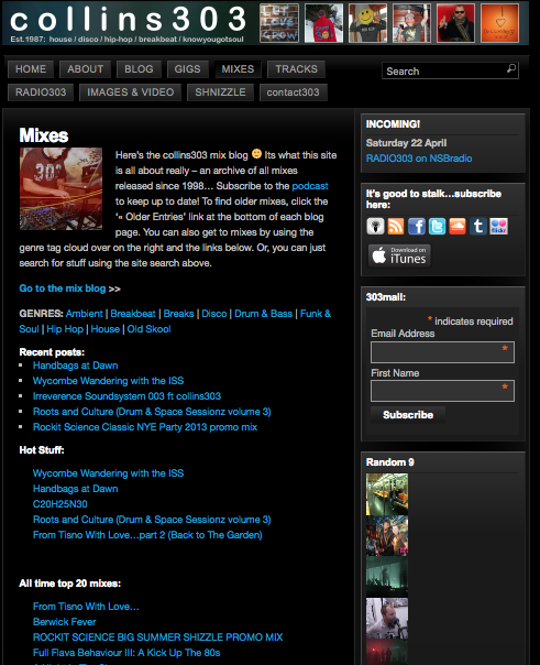 screenshot of original colllins303.com mixes page before the rebuild